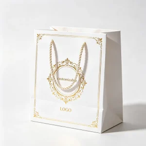Thick Matte White Card Shopping Bag Custom Gold Foil Logo Cotton String Handle for Garment Jewelry Boutique Gift Pack