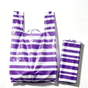 Thick White purple Striped Disposable Vest Shopping Bag Water Bearing Portable Foldable Market Plastic Packaging Bag