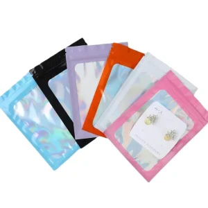 Three-Sided Seal Laser Holographic Mylar Eco Friendly Food Grade Customizable Ziplock Self-Sealing Face Mask Blush Rainbow Film
