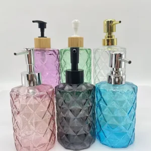 Tinted Color Clear 350ml Diamond Embossed Bottle with Shining Wood Grain Lotion Pumps for Hand Sanitizer Toiletries
