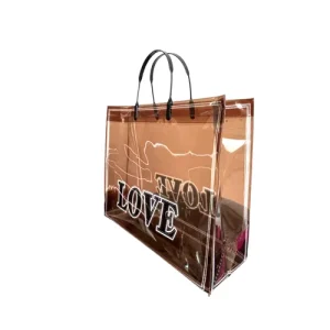 Transparent Brown Gloss PP Shopping Tote Bag Black Plastic Rope Handle Printed Gold Line Waterproof Gift Carry Bag
