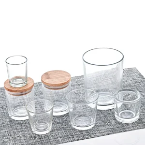 Transparent Clear Borosilicate Empty Round Glass Candle Vessels Container Jar With Bamboo Wooden Lid