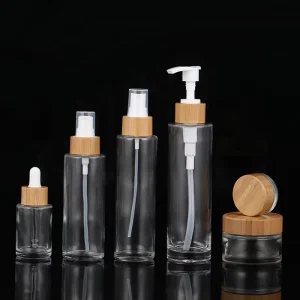 Transparent Glass Skin Care Bottle Bamboo Dropper Bamboo Pump and Cream Jar Bamboo Cap