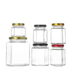 Transparent Hexagonal Glass Jar for Sauce Honey and Jam 45ml-730ml with Screw Cap and Screen Printed Lid