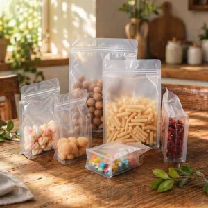 Transparent Plastic Flat Bottom Storage Bags with Carry Handle for Holding Food Sealing Zipper Packaging for Nuts Candy