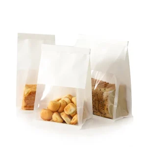 Transparent Window White Durable Kraft Paper Bag for Canned Food and Baked Goods with Button Closure