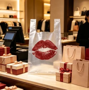 Trendy Lip Pattern Clear Plastic Shopping Vest Bag Custom Logo Printed Waterproof Disposable Packaging Bag Fujian Hualong