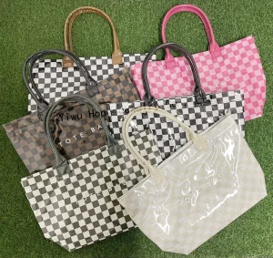 Trendy Retro Checkered Tote Bag for Women Large Capacity Clear PVC Waterproof Portable Shopping Bag Outdoor Travel Handbag