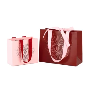 Valentine Style Luxury Eco-Friendly Durable Ivory Board Pink/Maroon Paper Shopping Bags with Satin Ribbon
