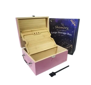 Valentine’s Day Romantic Pink Bamboo Storage Box Multi Functional Large Capacity Wooden Box with High Quality Silver Handle