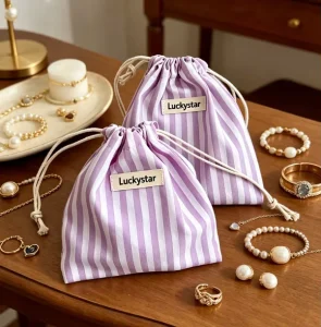 Velvet Eco Friendly Striped Drawstring Dust Bag for Rings Jewelry Storage Custom Logo Gift Packaging Travel Retail Display