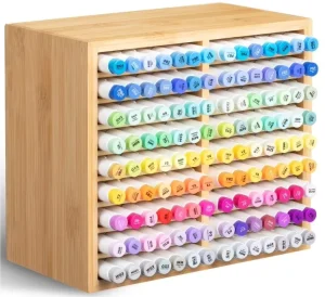 Vintage Bamboo Portable Marker Organizer Wooden Desktop Storage Holds 126 Markers Pens Pencils Art Brushes School Living Room