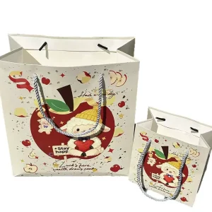 Vintage Cream Sheep & Apple Print Shopping Bag Aesthetic Paper Gift Bag with Rope Handles for Bakery & Boutique
