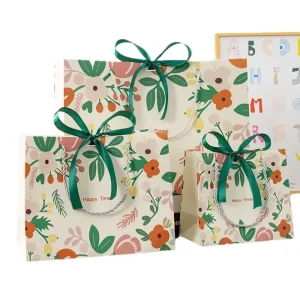 Vintage Floral Paper Gift Bags With Ribbon Bow, Happy Times Print Portable Bags for Birthday Holiday Present Packaging
