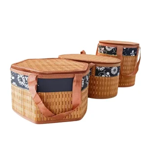 Vintage Portable Chinese Bamboo Basket Gift Box for Eggs Zongzi Moon Cake Crab Wedding Festival Accompaniment