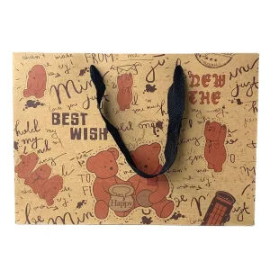 Vintage Teddy Bear Kraft Paper Gift Bags Fabric Handle Retro Handwritten Print Present Bags for Birthday Holiday Gift Packaging