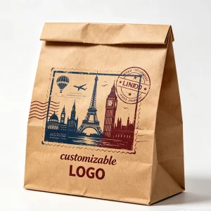Vintage Travel Stamp Print Brown Kraft Tote Paper Twist Handle Custom Logo for Souvenir Shop Traveler Gift Handbag Packaging