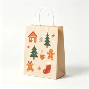 Vintage Xmas Kraft Gift Bag Lovely Cartoon Gingerbread Tree & Sock Print White Twisted Handle Shopping Bag for Christmas Gifts