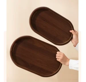 Walnut Colored Bamboo Wood Oval Storage Tray With Handle Home Breakfast Tray for Hotel Homestay Tray