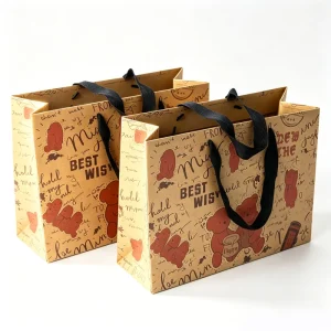 Warm Handwritten Style Paper Carrier Bag, Rustic Kraft with Teddy Bears for Stationery & Coffee Shops Packaging Boxes Custom