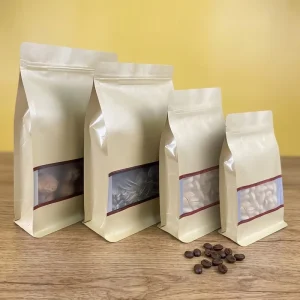 Waterproof Brown Kraft Paper Stand up Flat Bottom Pouch Zip Lock Plastic Zipper Bag Doypack for Food Packaging Bag with Window