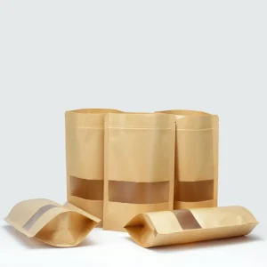 Waterproof Kraft Paper Stand up Pouch with Window Zipper Doypack Food Packaging Kraft Craft Paper Zipper Bags