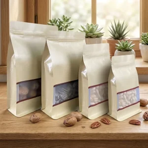 Waterproof Metalized Kraft Paper Stand up Flat Bottom Pouch With Window Zip Lock Zipper Plastic Bags Gusset Bag Food Packaging