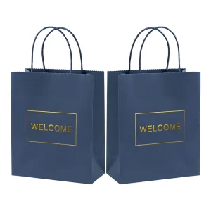 Welcome Navy Blue With Your Own Logo Frame Foil Shopping Custom Kraft Paper Gift Bags With Handle