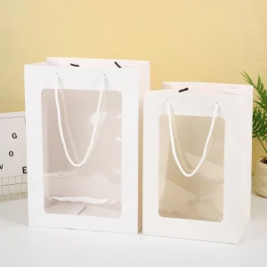 White Clear Window Flower Paper Tote Bag White Rope Handle Transparent Window Bouquet Gift Bag Florist Packaging