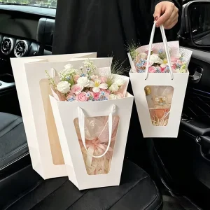 White Flower Bouquet Gift Bag Clear Window Cotton Rope Handle Handmade Multi Size Florist Packaging Fashion Wedding