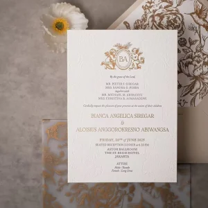 White Gold Baroque Textured Paper Wedding Invitation Card with Envelope Vellum Overlay Foil Embossed Custom Printing