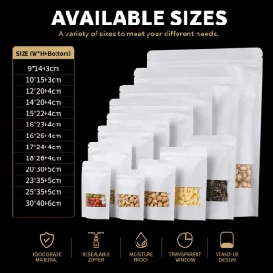 White Kraft Paper Stand Up Pouch Matte Window Single Side 14 Micron Waterproof Zipper Food Packaging Bag