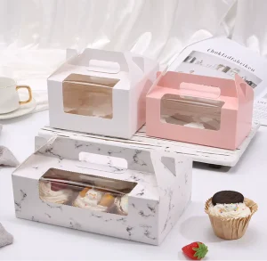 White Kraft Paperboard Window Cake Box with Handle and Custom Logo