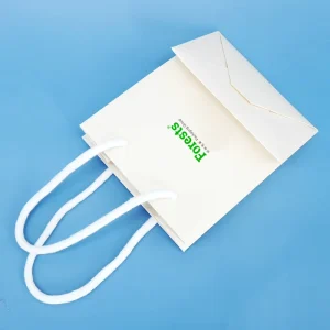 White Matte Paper Gift Bag with Thick Twisted Paper Rope Handle Custom Green Logo for Packaging Company Promotion