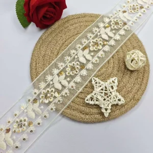White Organza Embroidery Lace Trim With Gold Sequins Floral Mesh Lace Ribbon for Dress Wedding Decor