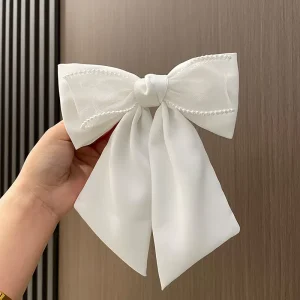 White Satin Bow Metal Hairpin Christmas Pearl Organza Elegant Women Party Friendly Hair Accessories