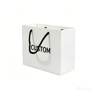 White Shopping Paper Bags With Black Rope Handles Custom Bold Black Sans serif Brand Text Print for Daily Boutique Packaging