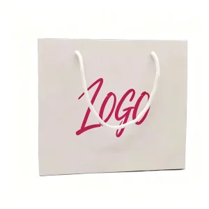 White Shopping Paper Bags With White Rope Handles Custom Magenta Handwriting Brand Logo Print for Daily Boutique Gift Packaging