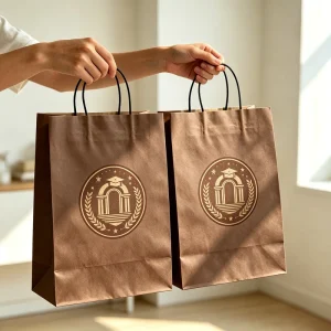 White and Brown Kraft Paper Twisted Handle Shopping Carrier Bag With Logo Printed