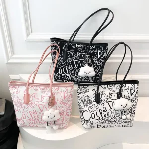 Women’s Graffiti Canvas Tote Bag Large Capacity Shopping Bag With Cloud Pendant