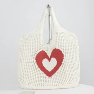 Women’s Spring Autumn Winter Summer Portable Open Polyester Tote Bags New Design Crochet Beach Shopping Love Heart Gift