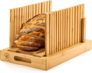 Wood Bamboo Bread Slicer Adjustable Bread Width with Folding Slice Guide Crumb Tray for Breads Cakes Bagels Craft Breads