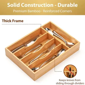 Wood Caddy Bamboo Multifunctional Kitchen Drawer Organizer for Flatware Cutlery Knives Silverware Utensils Tray Holder Grooved
