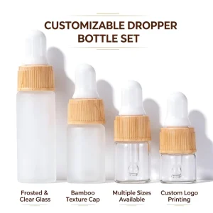 Wood Grain Lid Round Glass Dropper Bottle with Transparent Frosted Bamboo Lid Plastic Collar 1-5ml Essence Oil Cosmetic Bottle