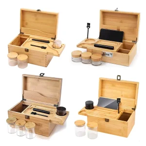 Wooden Manual Modern Stash & Storage Box with Pocket and Rolling Tray