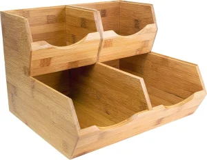 Wooden Storage Box 2 Tier Bamboo Organizer 4 Compartment Stackable Storage Bins for Kitchen Pantry Office and Bathroom