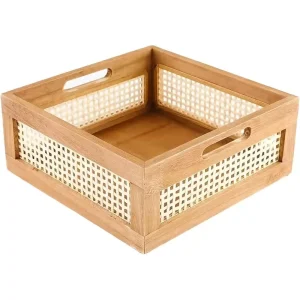 Woven Wooden Basket Natural Pinewood Bamboo Storage Crate Rustic Decorative Box with Built In Handles Kitchen Organizer