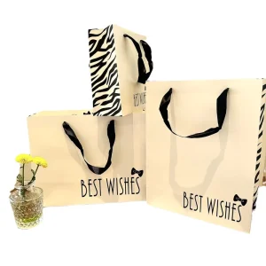 Zebra Stripe Best Wishes Bow Print Paper Gift Bags Black Ribbon Handle Shopping Bags for Flower Cosmetic Jewelry Gift Packaging